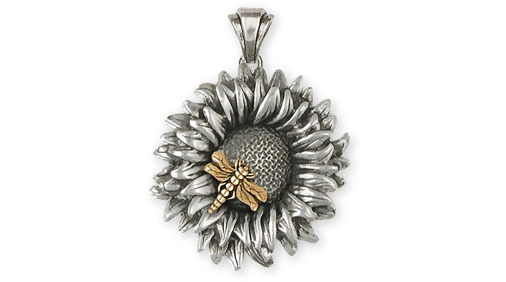 Sunflower Charms Sunflower Pendant Silver And 14k Gold Sunflower And Dragonfly Jewelry Sunflower jewelry