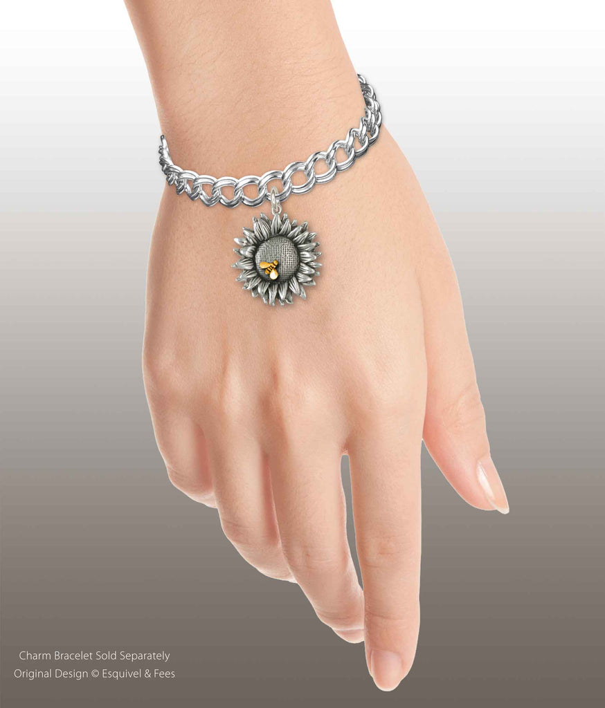 Sunflower Charm Jewelry Silver And Gold Handmade Sunflower With Gold Bee Charm SF4-TNC