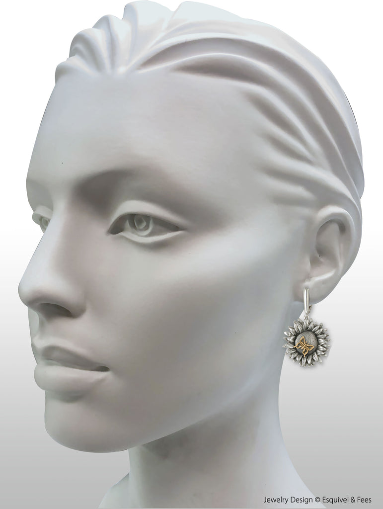 Sunflower Jewelry Silver And 14k Gold Handmade Sunflower With Butterfly Earrings  SF4-BUTE
