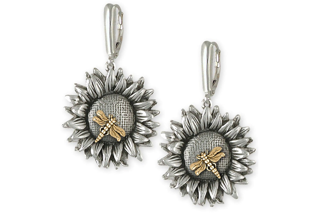 Sunflower Charms Sunflower Earrings Silver And 14k Gold Sunflower And Dragonfly Jewelry Sunflower jewelry
