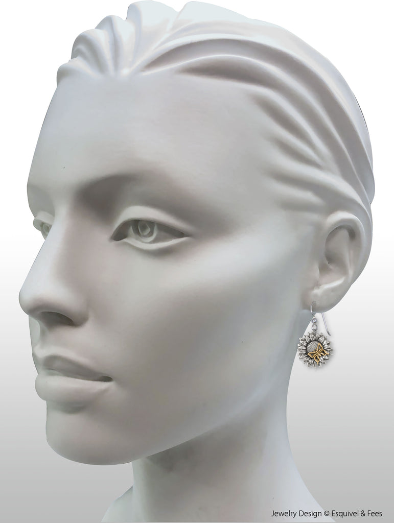 Sunflower Jewelry Silver And 14k Gold Handmade Sunflower With Butterfly Earrings  SF5-BUTE