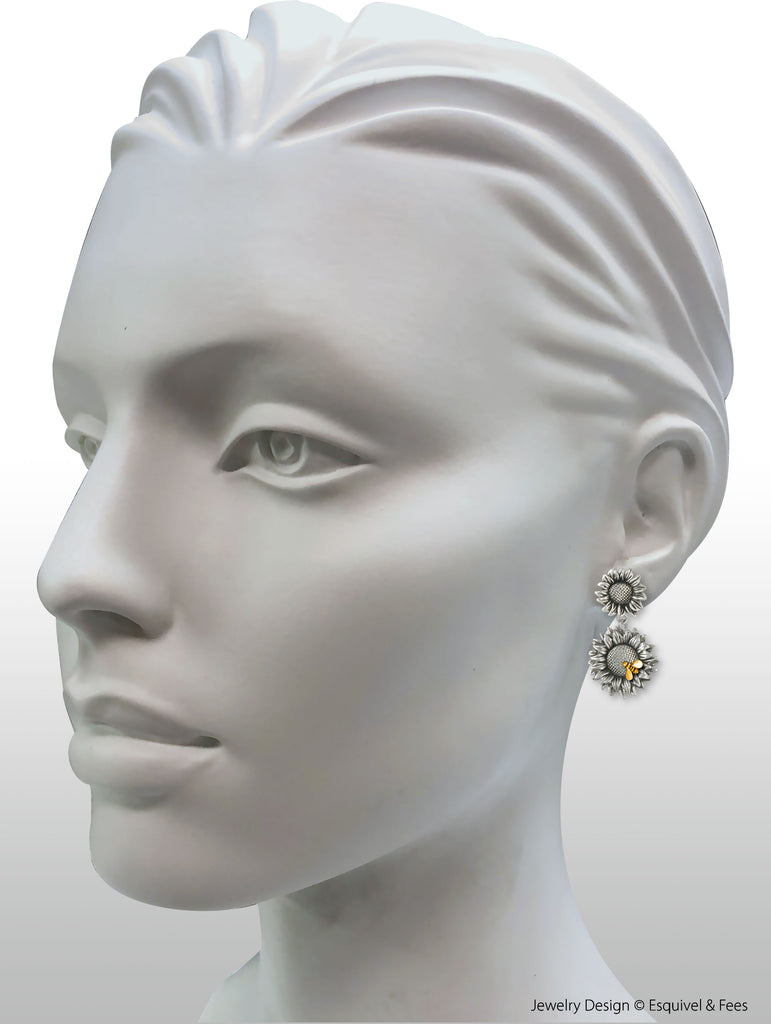 Sunflower Earrings Jewelry Silver And Gold Handmade Sunflower With Gold Bee Earrings SF5-TNE