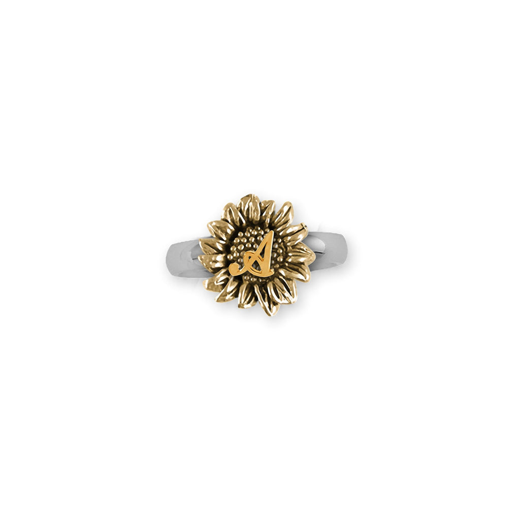 Sunflower Charms Sunflower Ring Silver And 14k Gold Sunflower With Initial Jewelry Sunflower jewelry