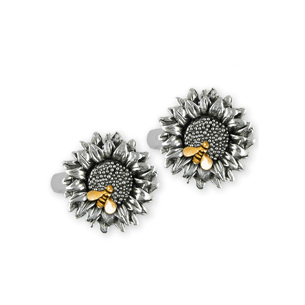 Sunflower Charms Sunflower Cufflinks Silver And 14k Gold Sunflower With Bee Jewelry Sunflower jewelry