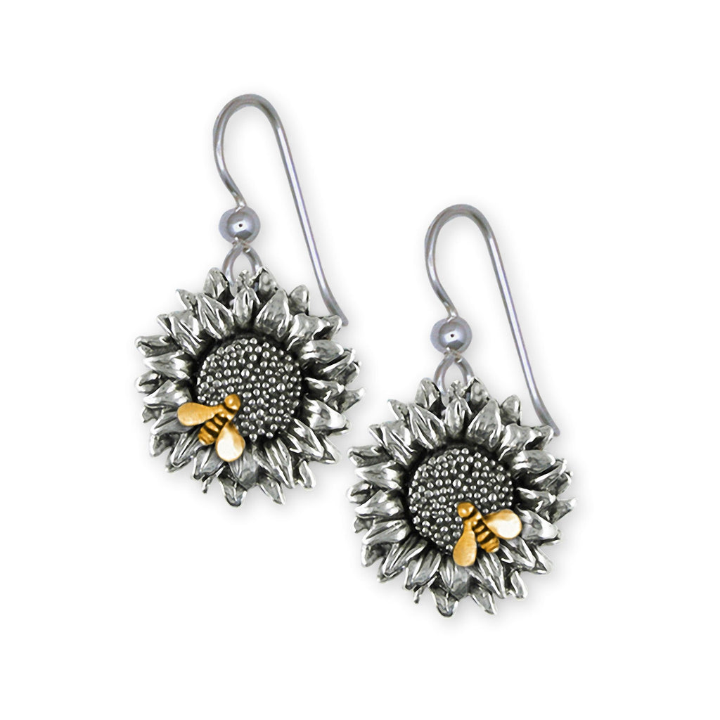 Sunflower Charms Sunflower Earrings Silver And 14k Gold Sunflower With Bee Jewelry Sunflower jewelry