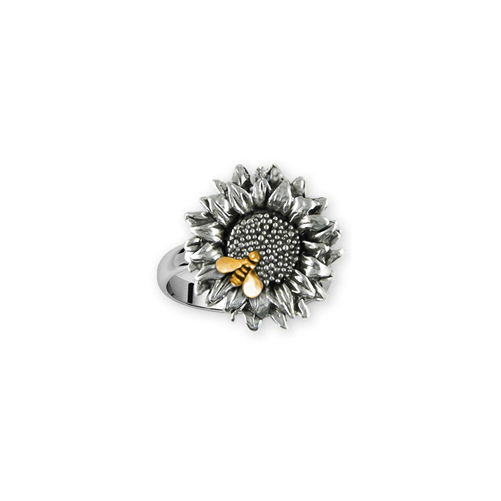 Sunflower Charms Sunflower Ring Silver And 14k Gold Sunflower With Bee Jewelry Sunflower jewelry