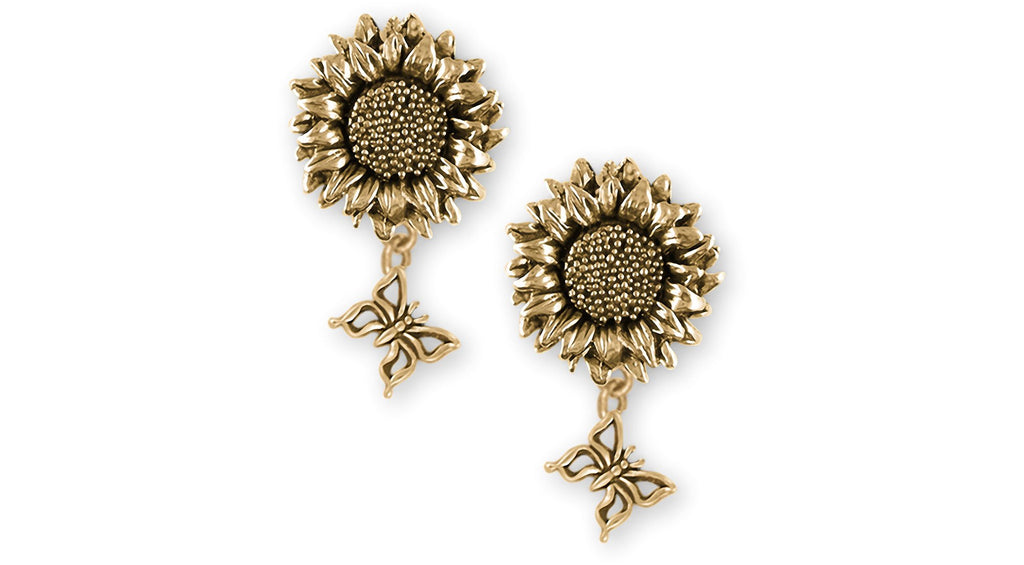 Sunflower Charms Sunflower Earrings 14k Yellow Gold Sunflower With Butterfly Jewelry Sunflower jewelry