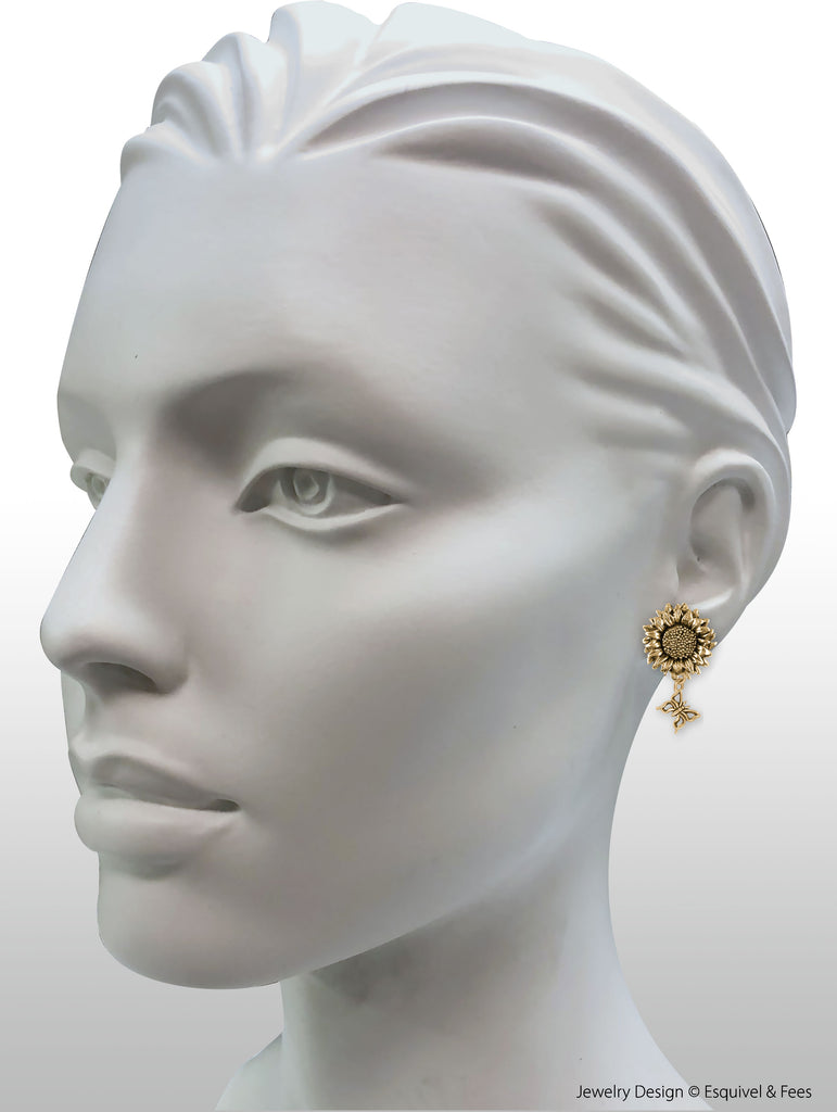 Sunflower Jewelry 14k Gold Vermeil Handmade Sunflower With Butterfly Earrings  SFTX3-BUTEARVM