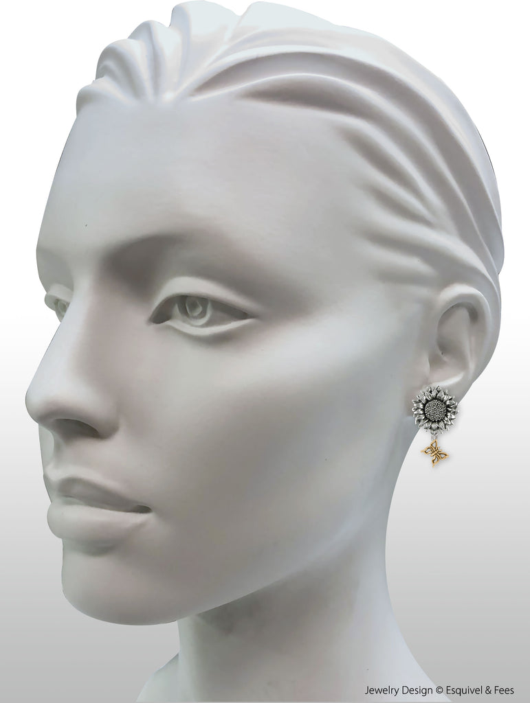 Sunflower Jewelry Silver And 14k Gold Handmade Sunflower With Butterfly Earrings  SFTX3-BUTTNE