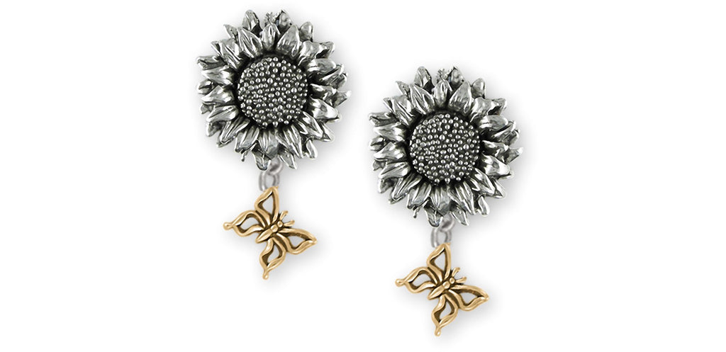 Sunflower Charms Sunflower Earrings Silver And 14k Gold Sunflower With Butterfly Jewelry Sunflower jewelry