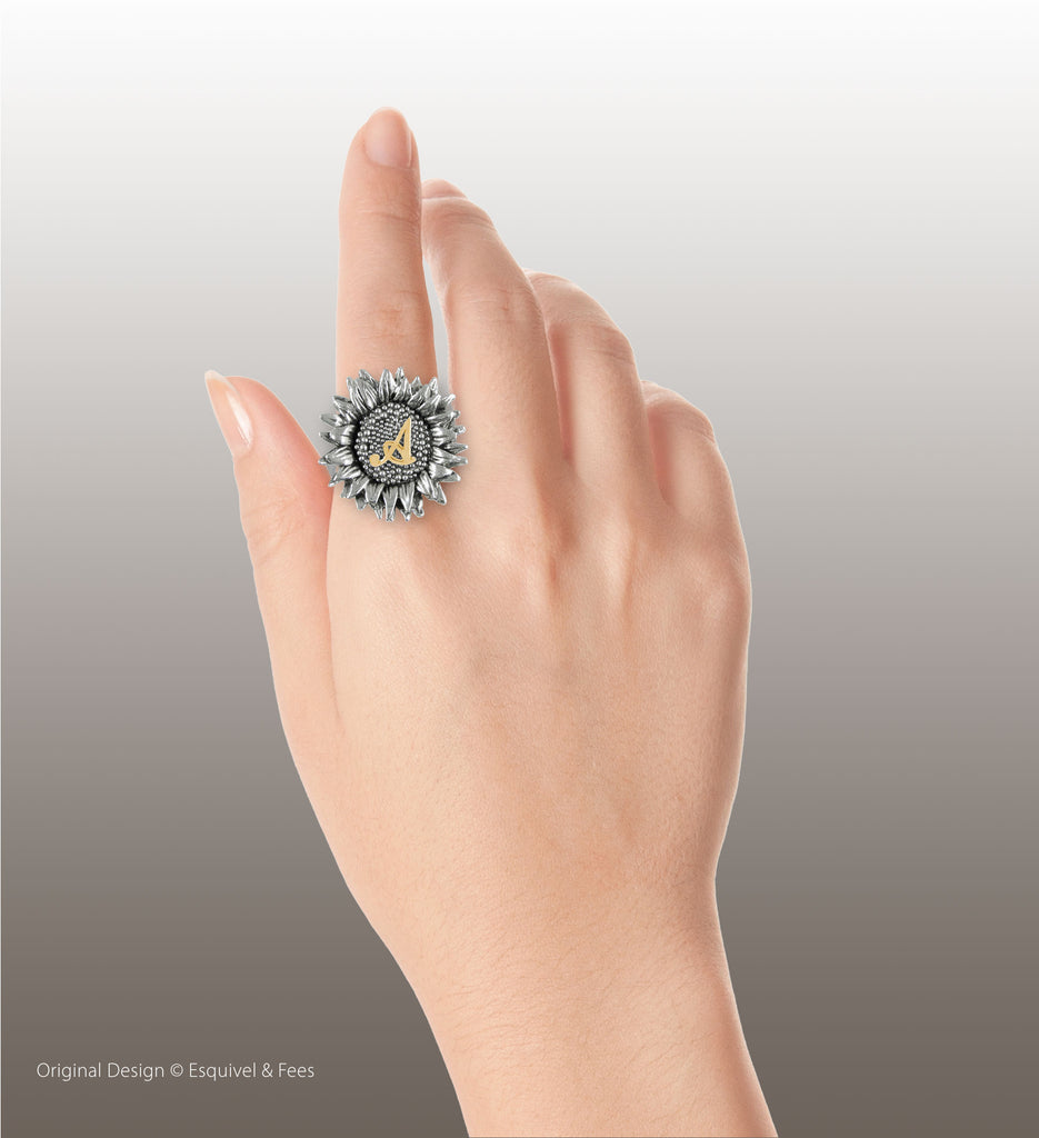 Sunflower Jewelry Silver And 14k Gold Handmade Sunflower With Gold Initial Ring  SFTX4-INR