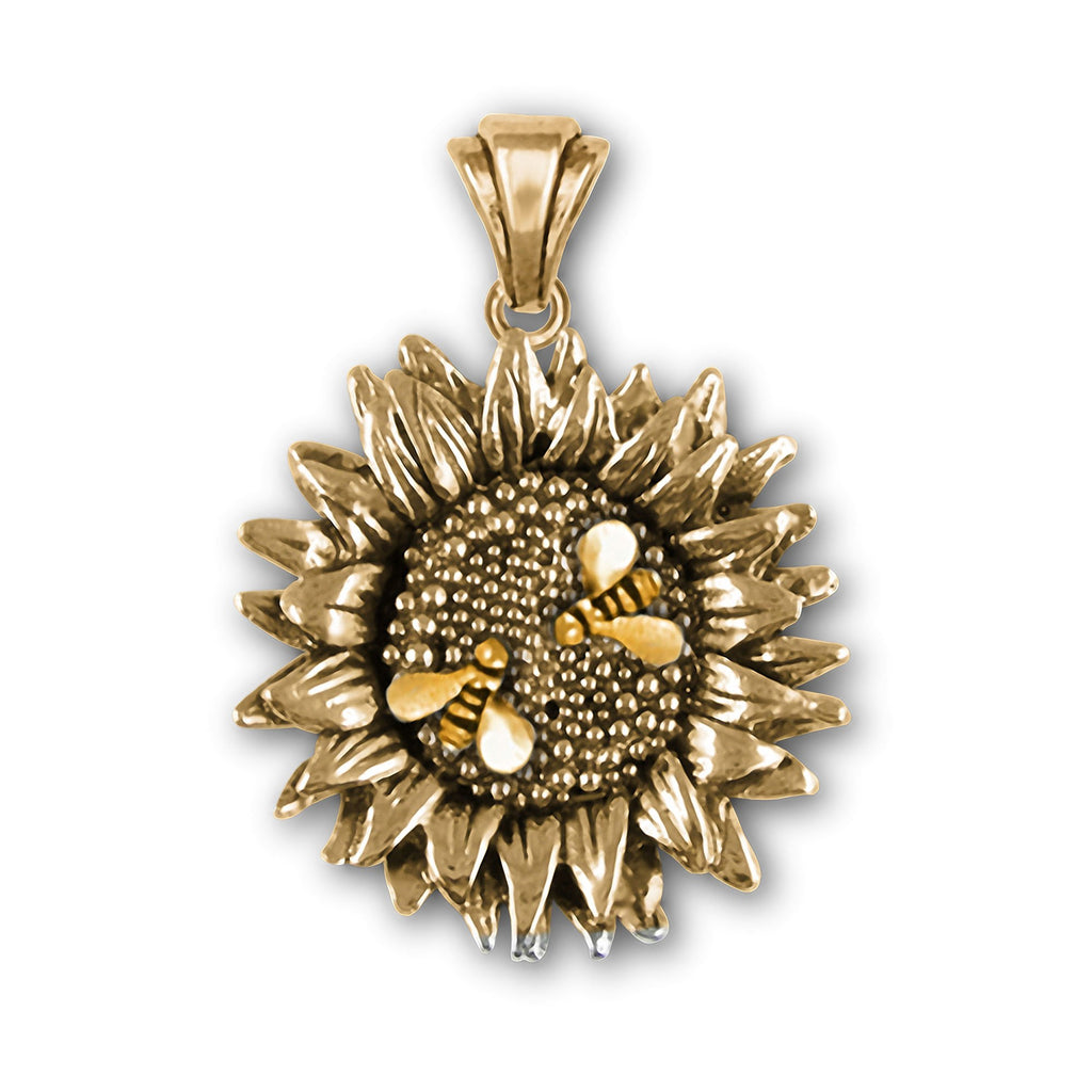 Sunflower Charms Sunflower Pendant 14k Gold Sunflower And Two Bees Jewelry Sunflower jewelry