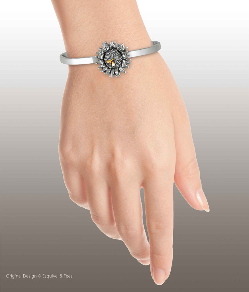 Sunflower Jewelry Silver And 14k Gold Handmade Sunflower With Gold Bee Bracelet  SFTX5-BECB