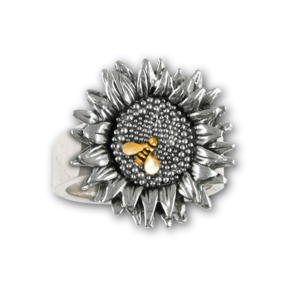 Sunflower Charms Sunflower Ring Silver And 14k Gold Sunflower And Bee Jewelry Sunflower jewelry