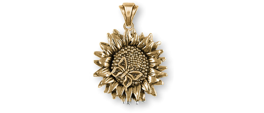 Sunflower Charms Sunflower Pendant 14k Yellow Gold Sunflower With Butterfly Jewelry Sunflower jewelry