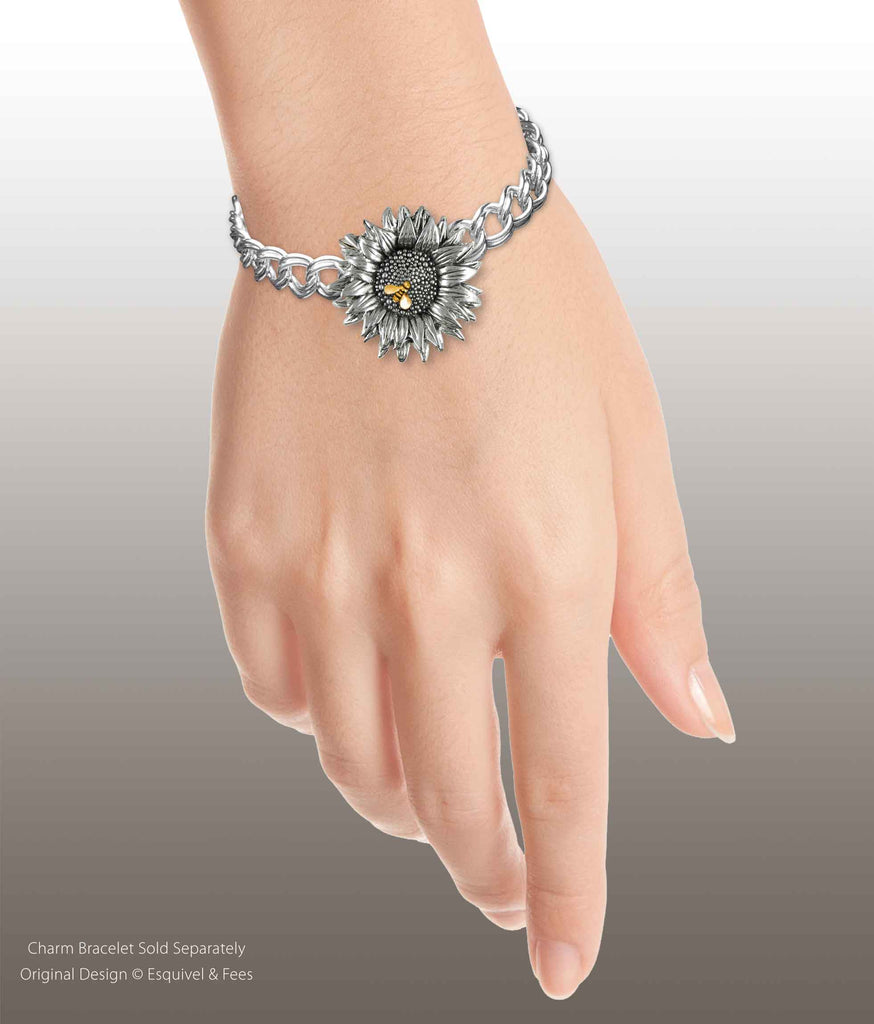 Sunflower Jewelry Silver And 14k Gold Handmade Sunflower And Bee Bracelet  SFTX6-BEBR