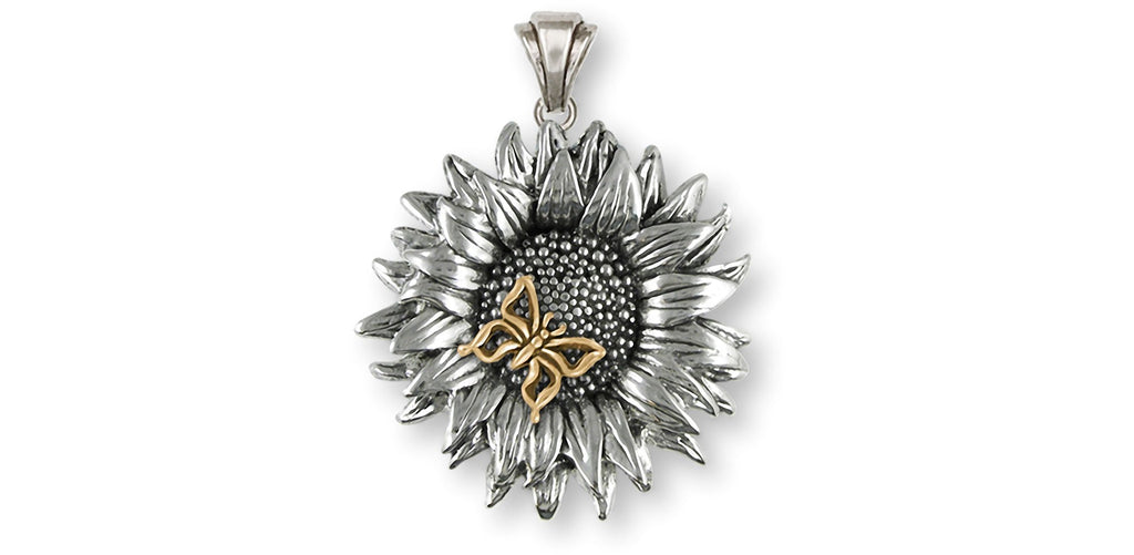 Sunflower Charms Sunflower Pendant Silver And 14k Gold Sunflower With Butterfly Jewelry Sunflower jewelry