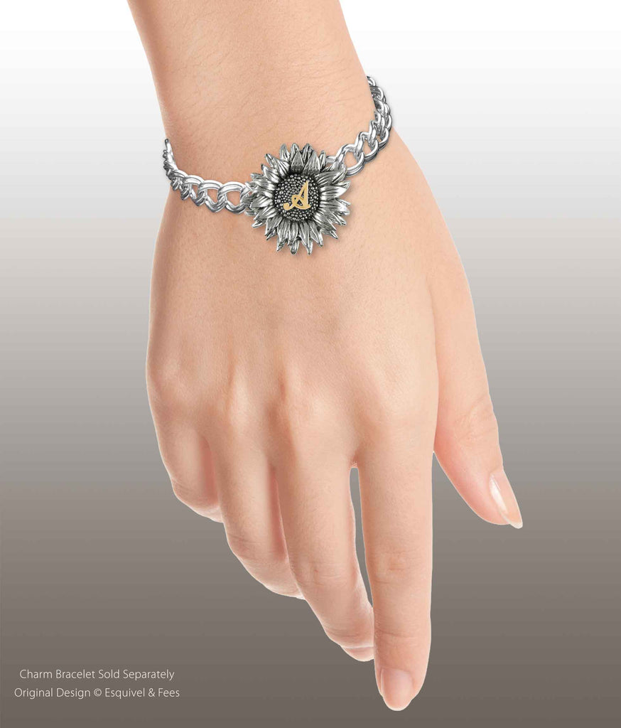 Sunflower Jewelry Silver And 14k Gold Handmade Sunflower With Gold Initial Bracelet  SFTX6-INBR